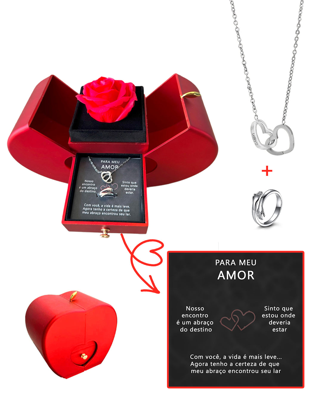 Caixa com Rosa & Colar Personalizado + Anel do Abraço 💕