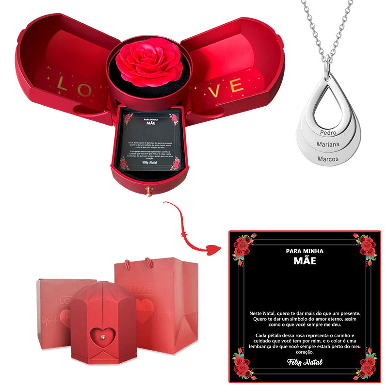 Caixa com Rosa Eterna & Colar Gota Personalizado - Para Minha Mãe